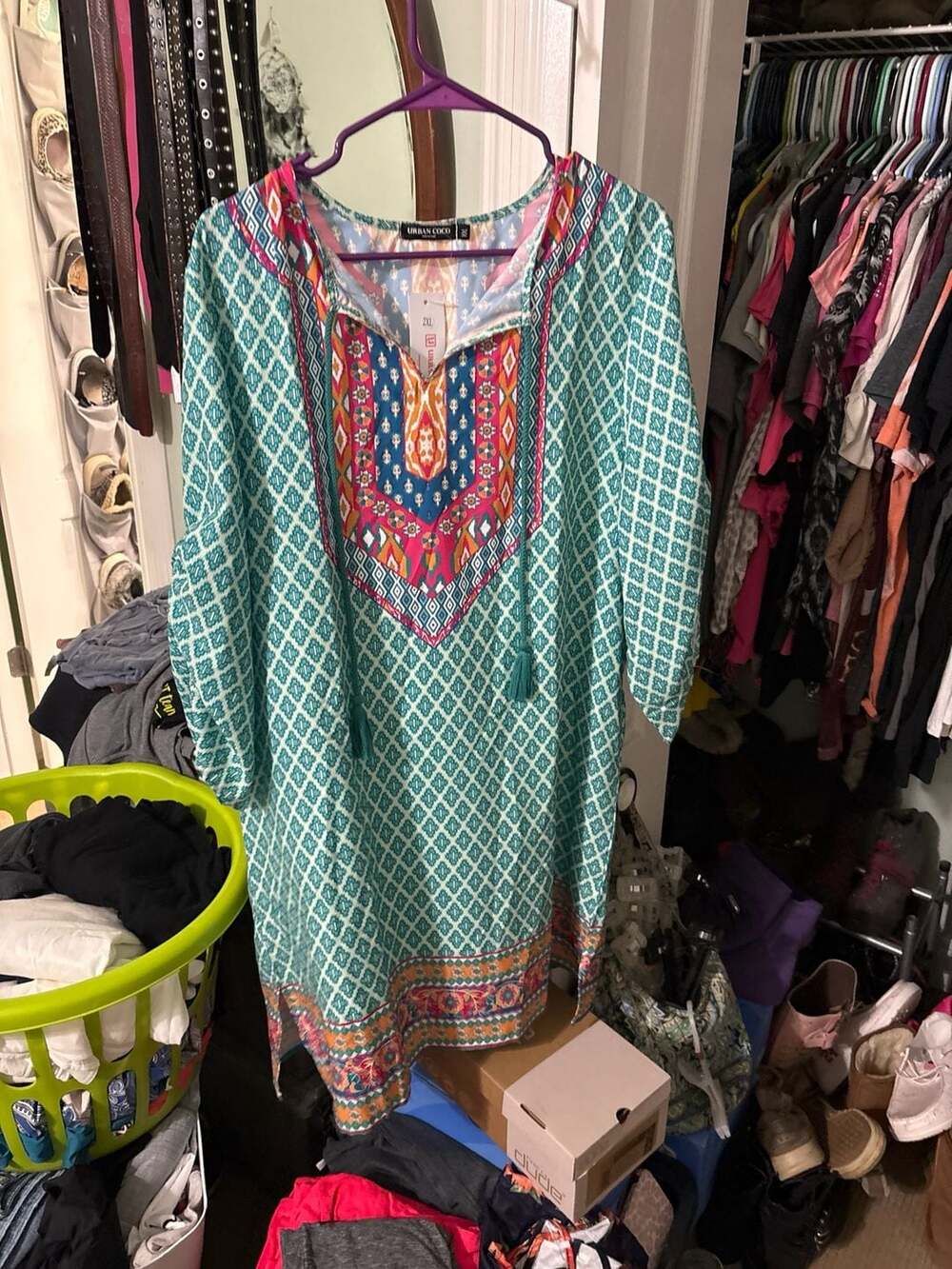 Urban Coco Women's Boho Geometric Print Tassel Tunic Dress 2XL